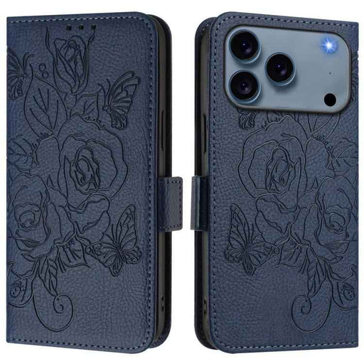 For iPhone 17 Pro Embossed Rose RFID Anti-theft Leather Phone Case(Dark Blue)