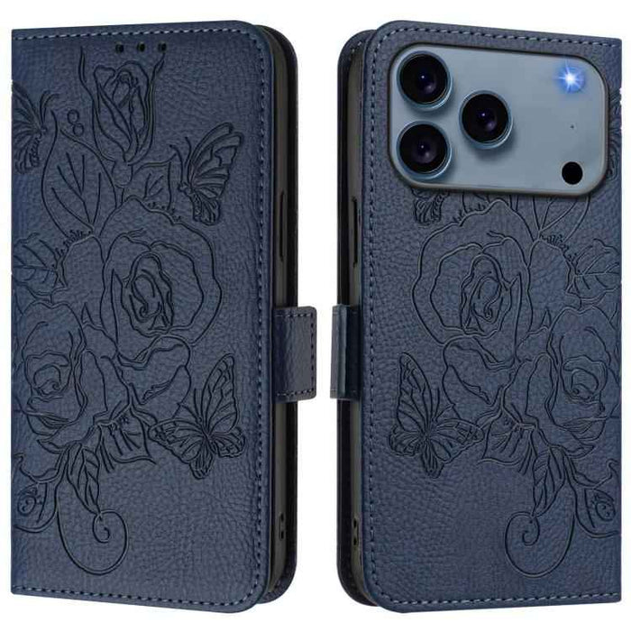 For iPhone 17 Pro Embossed Rose RFID Anti-theft Leather Phone Case(Dark Blue)