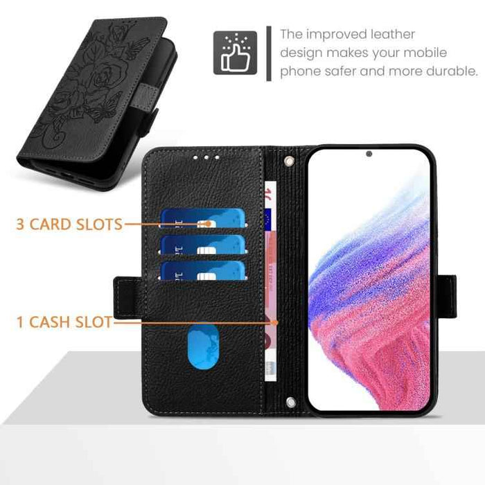 For iPhone 17 Pro Embossed Rose RFID Anti-theft Leather Phone Case(Black)