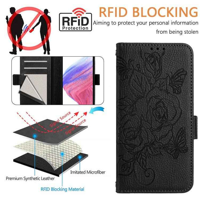 For iPhone 17 Pro Embossed Rose RFID Anti-theft Leather Phone Case(Black)