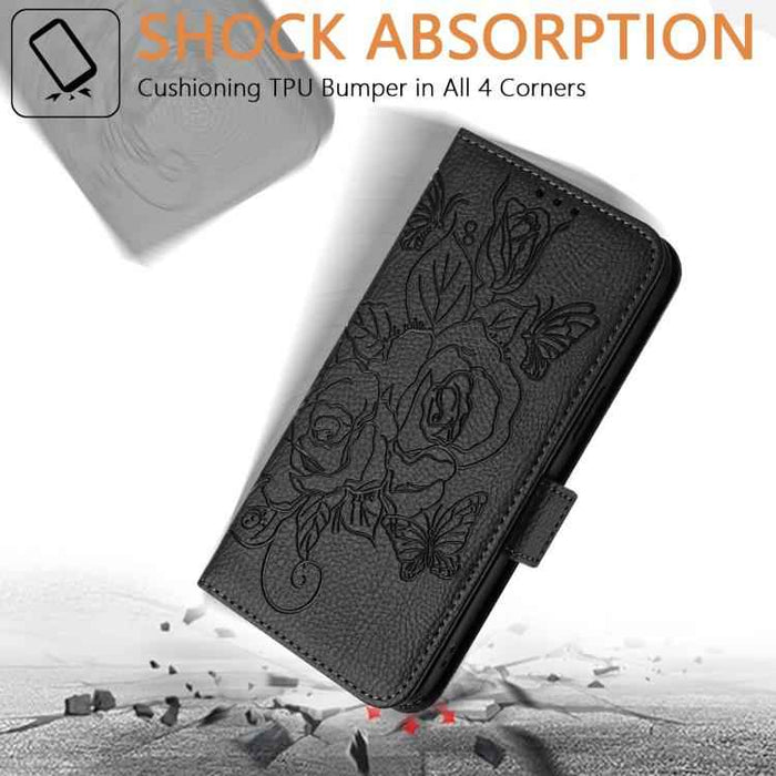 For iPhone 17 Pro Embossed Rose RFID Anti-theft Leather Phone Case(Black)