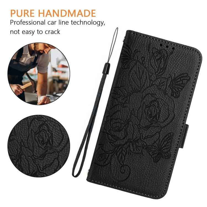 For iPhone 17 Pro Embossed Rose RFID Anti-theft Leather Phone Case(Black)