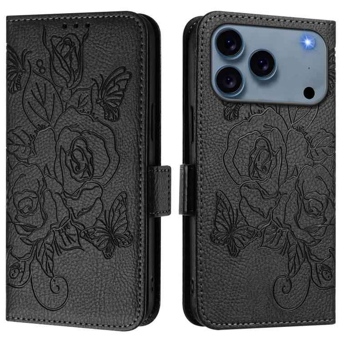 For iPhone 17 Pro Embossed Rose RFID Anti-theft Leather Phone Case(Black)