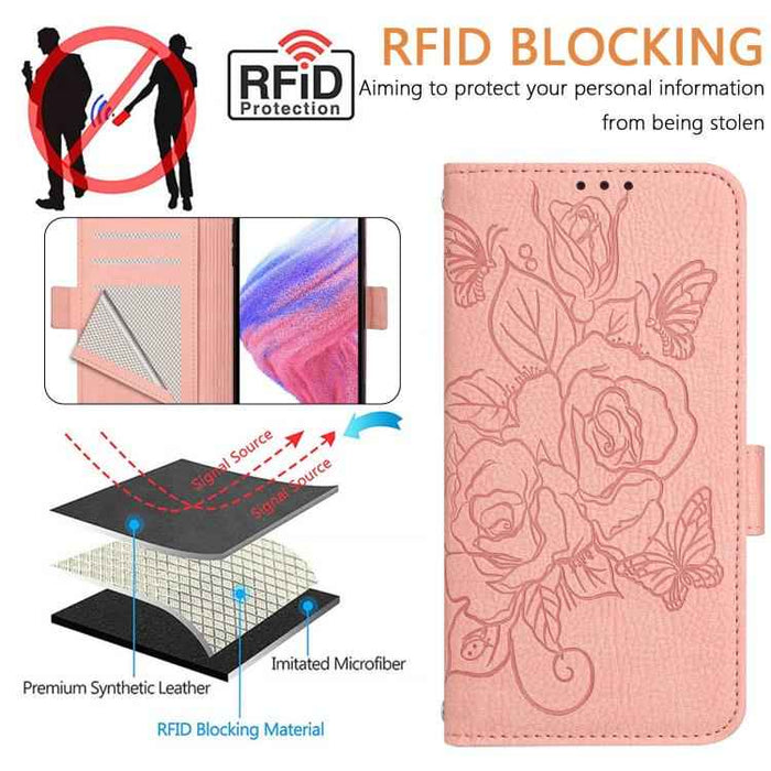 For iPhone 17 Pro Max Embossed Rose RFID Anti-theft Leather Phone Case(Pink)