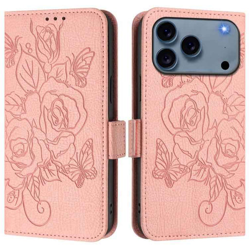 For iPhone 17 Pro Max Embossed Rose RFID Anti-theft Leather Phone Case(Pink)