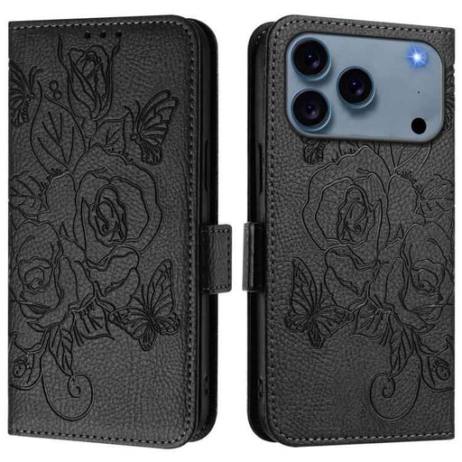 For iPhone 17 Pro Max Embossed Rose RFID Anti-theft Leather Phone Case(Black)
