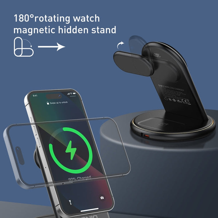 LDNIO WL02 25.5W 5 in 1 MagSafe Wireless Charger with 30cm Type-C Cable(Black)