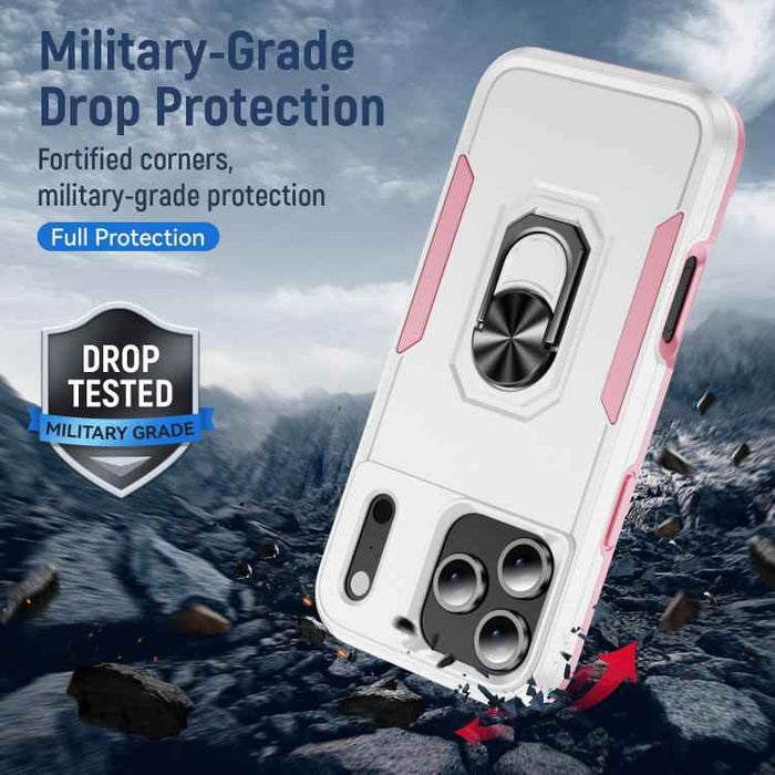 For iPhone 17 Pro Max Pioneer Armor Heavy Duty PC + TPU Phone Case with Holder(White+Pink)