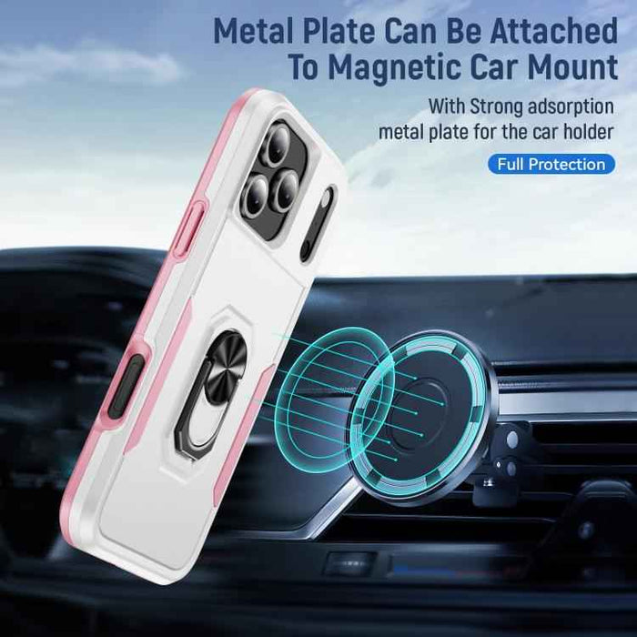 For iPhone 17 Pro Max Pioneer Armor Heavy Duty PC + TPU Phone Case with Holder(White+Pink)