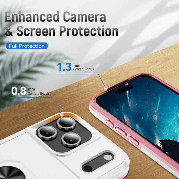 For iPhone 17 Pro Max Pioneer Armor Heavy Duty PC + TPU Phone Case with Holder(White+Pink)