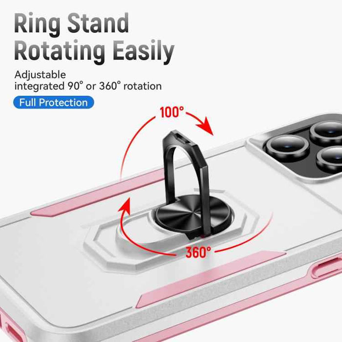 For iPhone 17 Pro Max Pioneer Armor Heavy Duty PC + TPU Phone Case with Holder(White+Pink)