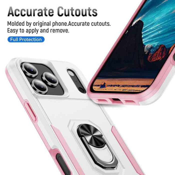 For iPhone 17 Pro Max Pioneer Armor Heavy Duty PC + TPU Phone Case with Holder(White+Pink)