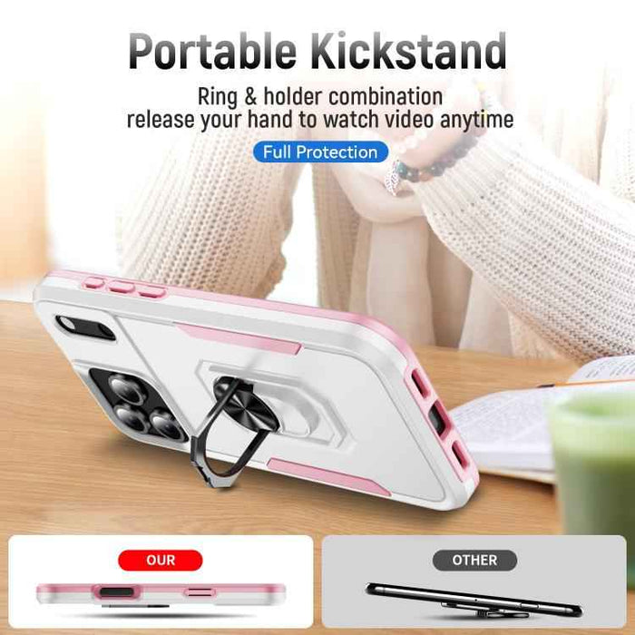 For iPhone 17 Pro Max Pioneer Armor Heavy Duty PC + TPU Phone Case with Holder(White+Pink)