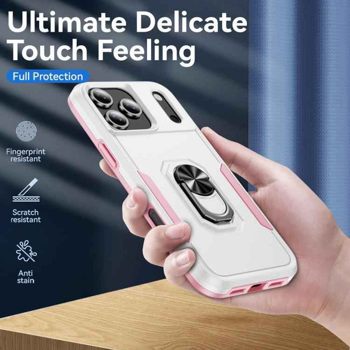 For iPhone 17 Pro Max Pioneer Armor Heavy Duty PC + TPU Phone Case with Holder(White+Pink)