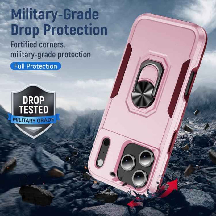 For iPhone 17 Pro Max Pioneer Armor Heavy Duty PC + TPU Phone Case with Holder(Pink+Rose Red)