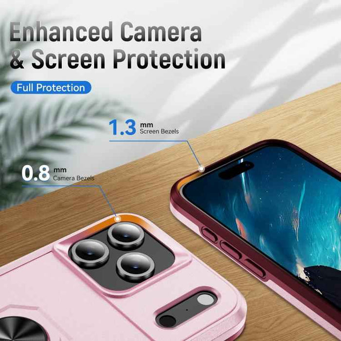 For iPhone 17 Pro Max Pioneer Armor Heavy Duty PC + TPU Phone Case with Holder(Pink+Rose Red)