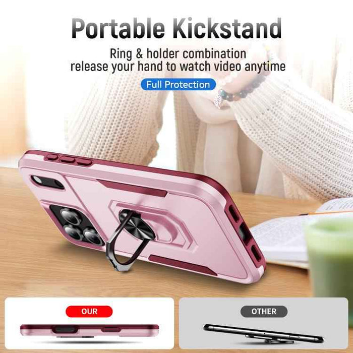 For iPhone 17 Pro Max Pioneer Armor Heavy Duty PC + TPU Phone Case with Holder(Pink+Rose Red)