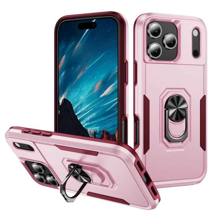 For iPhone 17 Pro Max Pioneer Armor Heavy Duty PC + TPU Phone Case with Holder(Pink+Rose Red)