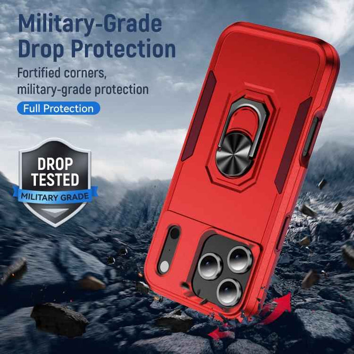 For iPhone 17 Pro Max Pioneer Armor Heavy Duty PC + TPU Phone Case with Holder(Red+Rose Red)