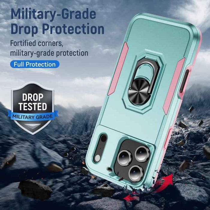 For iPhone 17 Pro Max Pioneer Armor Heavy Duty PC + TPU Phone Case with Holder(Green+Pink)