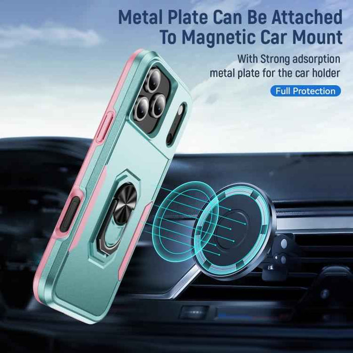 For iPhone 17 Pro Max Pioneer Armor Heavy Duty PC + TPU Phone Case with Holder(Green+Pink)