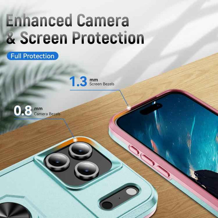 For iPhone 17 Pro Max Pioneer Armor Heavy Duty PC + TPU Phone Case with Holder(Green+Pink)