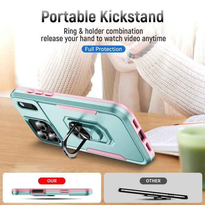 For iPhone 17 Pro Max Pioneer Armor Heavy Duty PC + TPU Phone Case with Holder(Green+Pink)