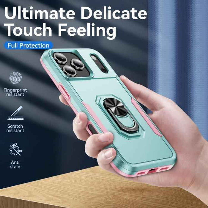 For iPhone 17 Pro Max Pioneer Armor Heavy Duty PC + TPU Phone Case with Holder(Green+Pink)
