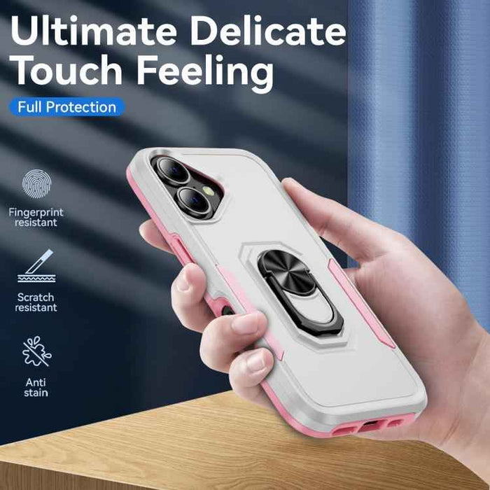 For iPhone 17 Pioneer Armor Heavy Duty PC + TPU Phone Case with Holder(White+Pink)