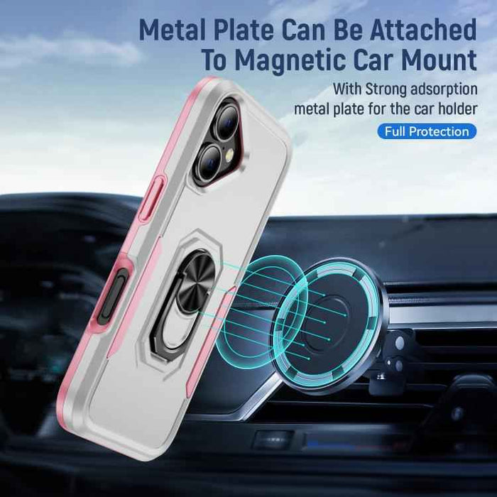For iPhone 17 Pioneer Armor Heavy Duty PC + TPU Phone Case with Holder(White+Pink)