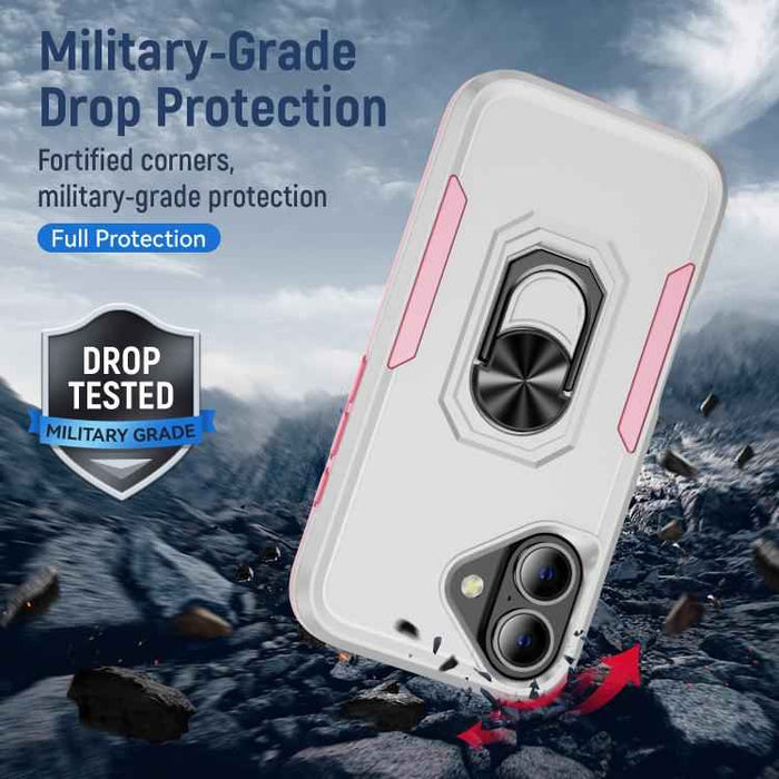 For iPhone 17 Pioneer Armor Heavy Duty PC + TPU Phone Case with Holder(White+Pink)