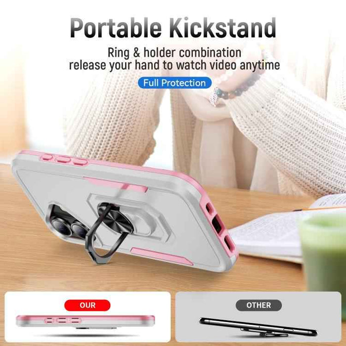 For iPhone 17 Pioneer Armor Heavy Duty PC + TPU Phone Case with Holder(White+Pink)