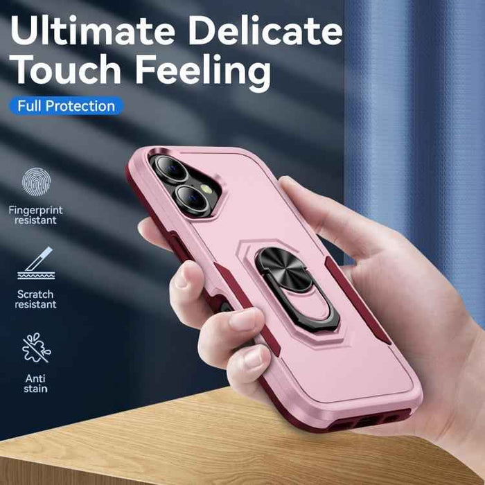 For iPhone 17 Pioneer Armor Heavy Duty PC + TPU Phone Case with Holder(Pink+Rose Red)