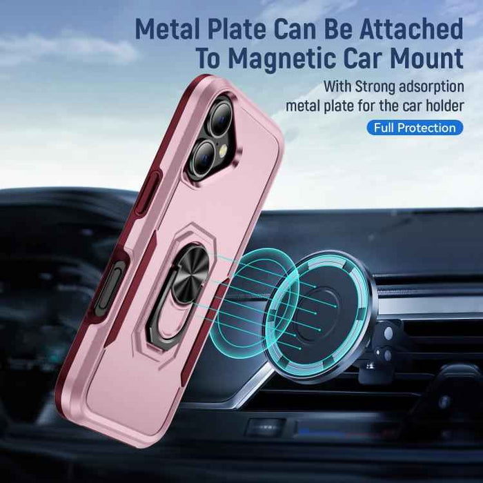 For iPhone 17 Pioneer Armor Heavy Duty PC + TPU Phone Case with Holder(Pink+Rose Red)
