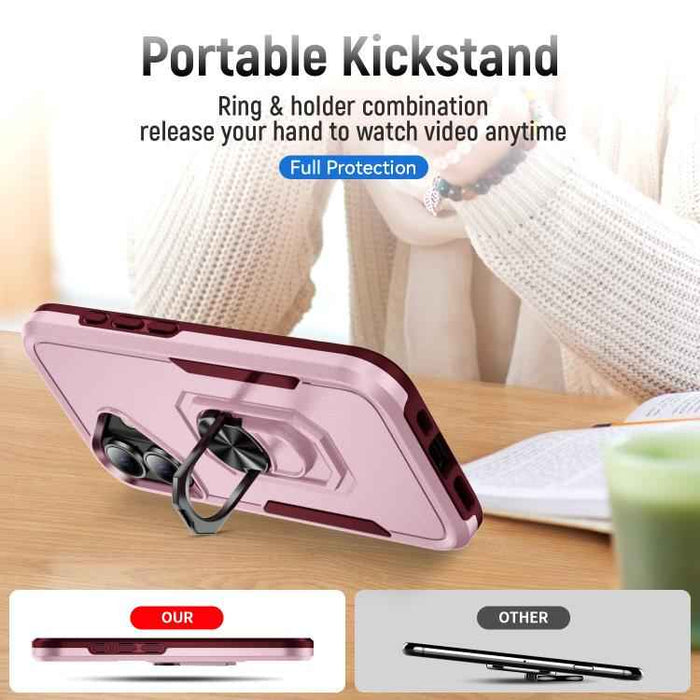 For iPhone 17 Pioneer Armor Heavy Duty PC + TPU Phone Case with Holder(Pink+Rose Red)
