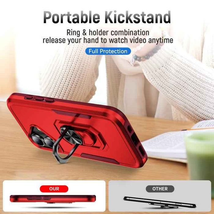 For iPhone 17 Pioneer Armor Heavy Duty PC + TPU Phone Case with Holder(Red+Rose Red)