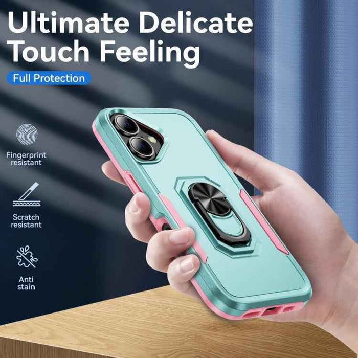 For iPhone 17 Pioneer Armor Heavy Duty PC + TPU Phone Case with Holder(Green+Pink)