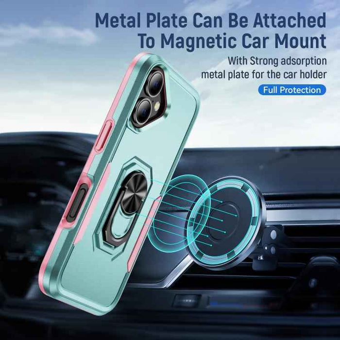 For iPhone 17 Pioneer Armor Heavy Duty PC + TPU Phone Case with Holder(Green+Pink)