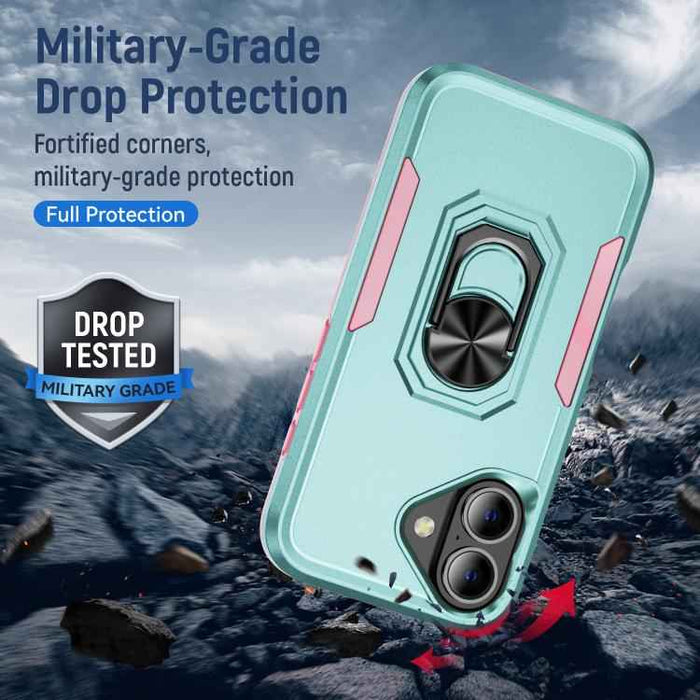 For iPhone 17 Pioneer Armor Heavy Duty PC + TPU Phone Case with Holder(Green+Pink)