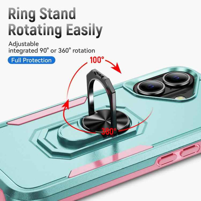 For iPhone 17 Pioneer Armor Heavy Duty PC + TPU Phone Case with Holder(Green+Pink)