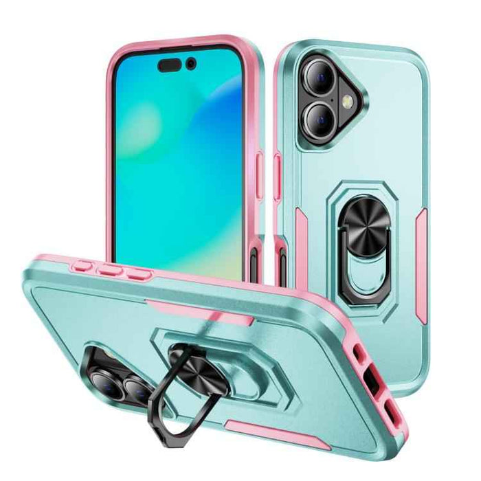 For iPhone 17 Pioneer Armor Heavy Duty PC + TPU Phone Case with Holder(Green+Pink)