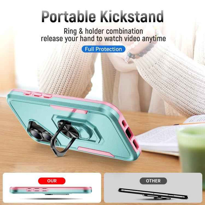 For iPhone 17 Pioneer Armor Heavy Duty PC + TPU Phone Case with Holder(Green+Pink)