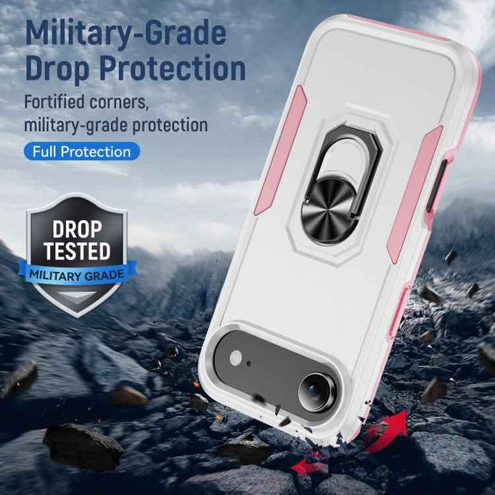 For iPhone 17 Air Pioneer Armor Heavy Duty PC + TPU Phone Case with Holder(White+Pink)