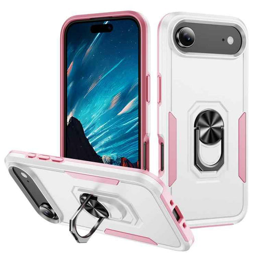 For iPhone 17 Air Pioneer Armor Heavy Duty PC + TPU Phone Case with Holder(White+Pink)