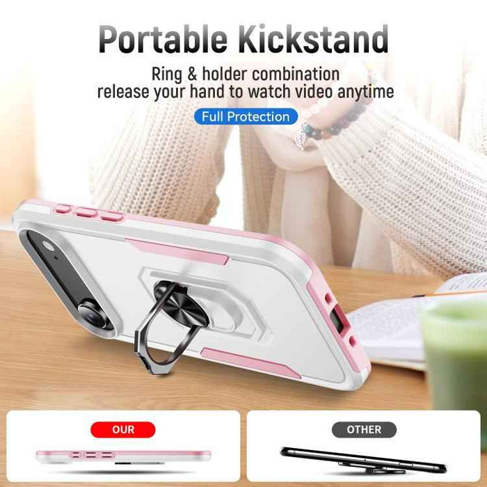 For iPhone 17 Air Pioneer Armor Heavy Duty PC + TPU Phone Case with Holder(White+Pink)