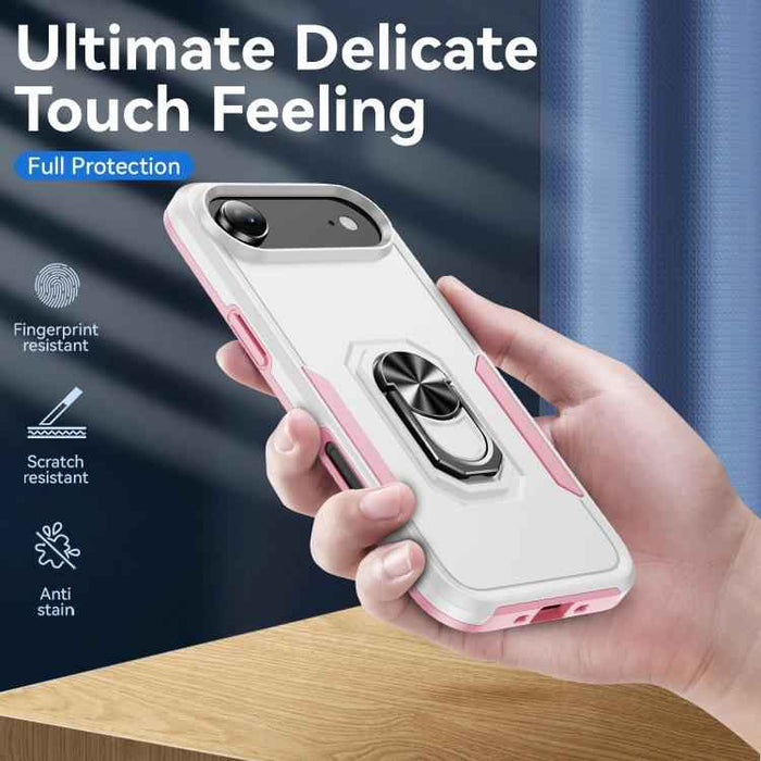 For iPhone 17 Air Pioneer Armor Heavy Duty PC + TPU Phone Case with Holder(White+Pink)