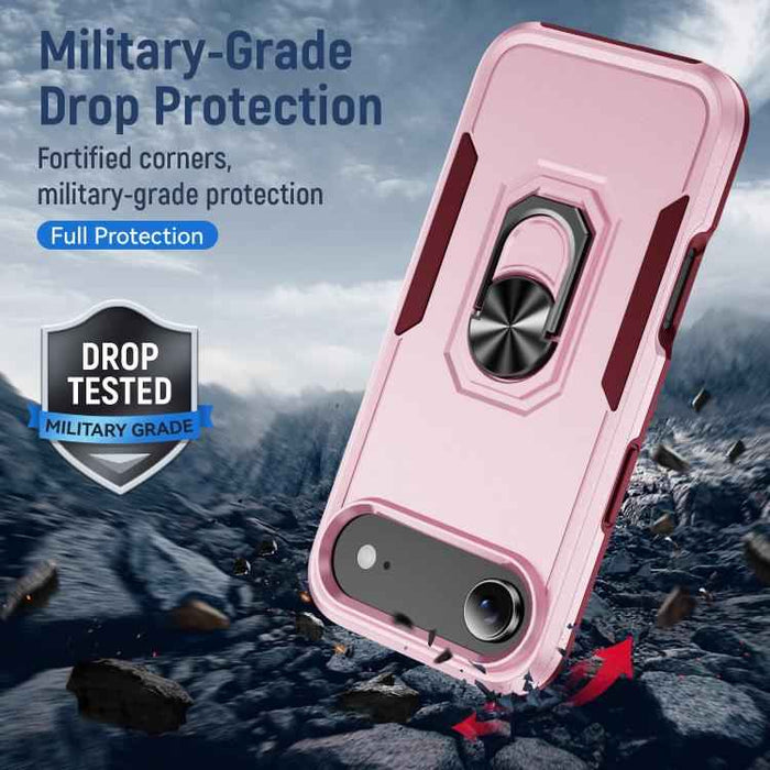 For iPhone 17 Air Pioneer Armor Heavy Duty PC + TPU Phone Case with Holder(Pink+Rose Red)