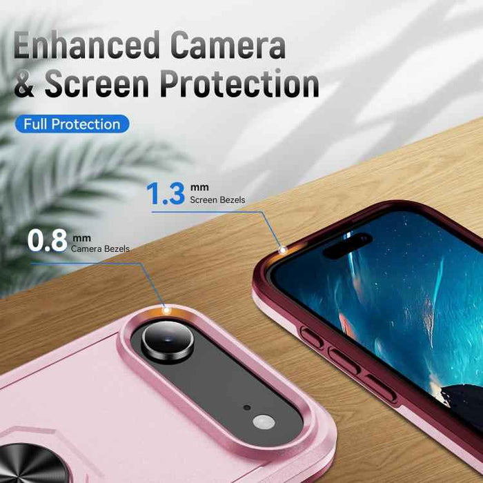 For iPhone 17 Air Pioneer Armor Heavy Duty PC + TPU Phone Case with Holder(Pink+Rose Red)