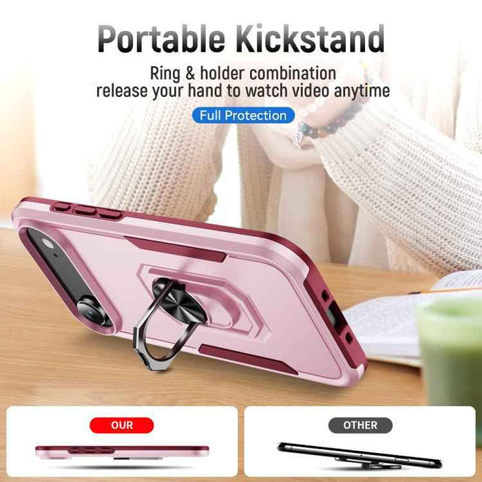 For iPhone 17 Air Pioneer Armor Heavy Duty PC + TPU Phone Case with Holder(Pink+Rose Red)