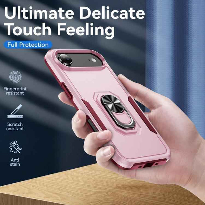 For iPhone 17 Air Pioneer Armor Heavy Duty PC + TPU Phone Case with Holder(Pink+Rose Red)